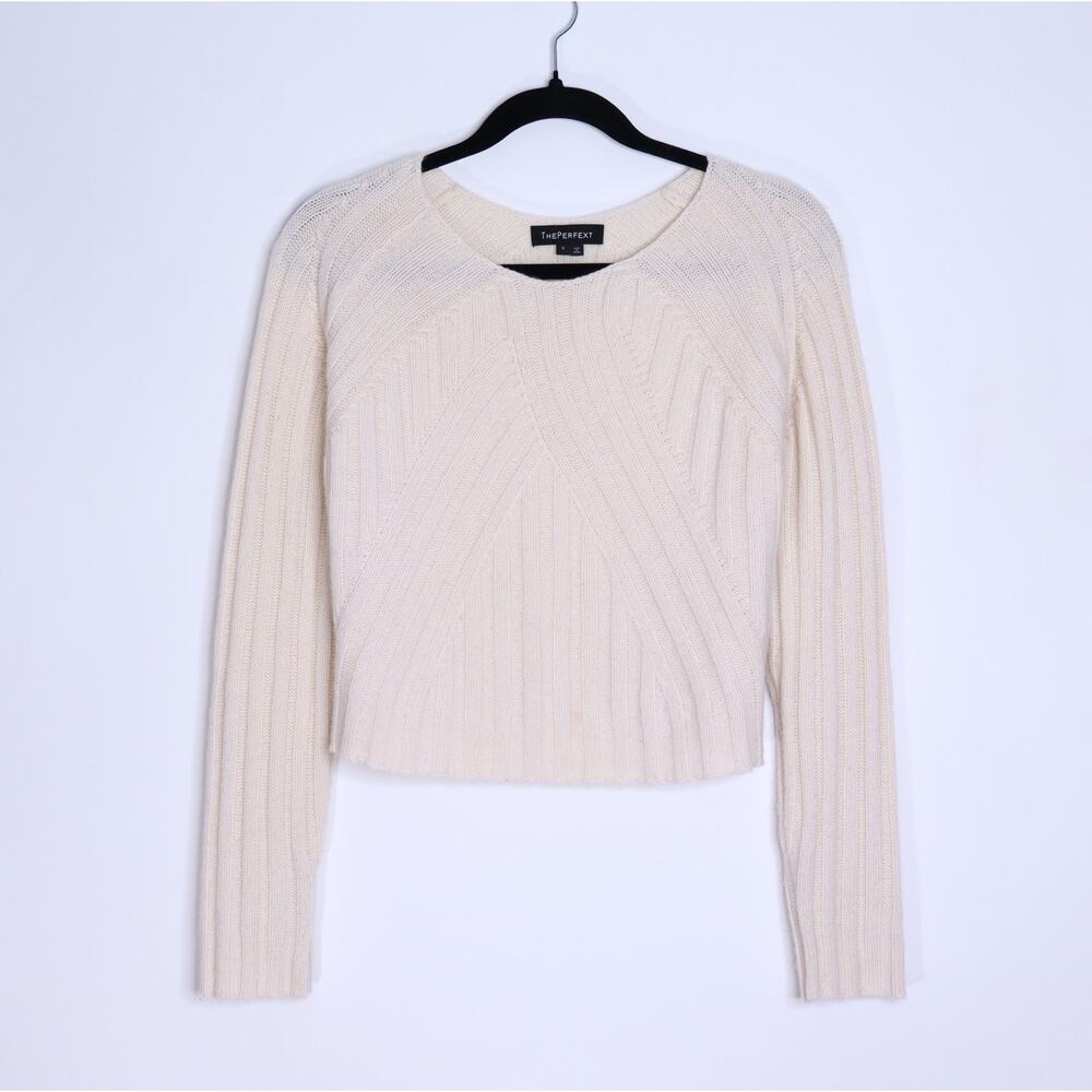 THEPERFEXT Cashmere Bateau Cropped Sweater Ivory Long Sleeve Women's S